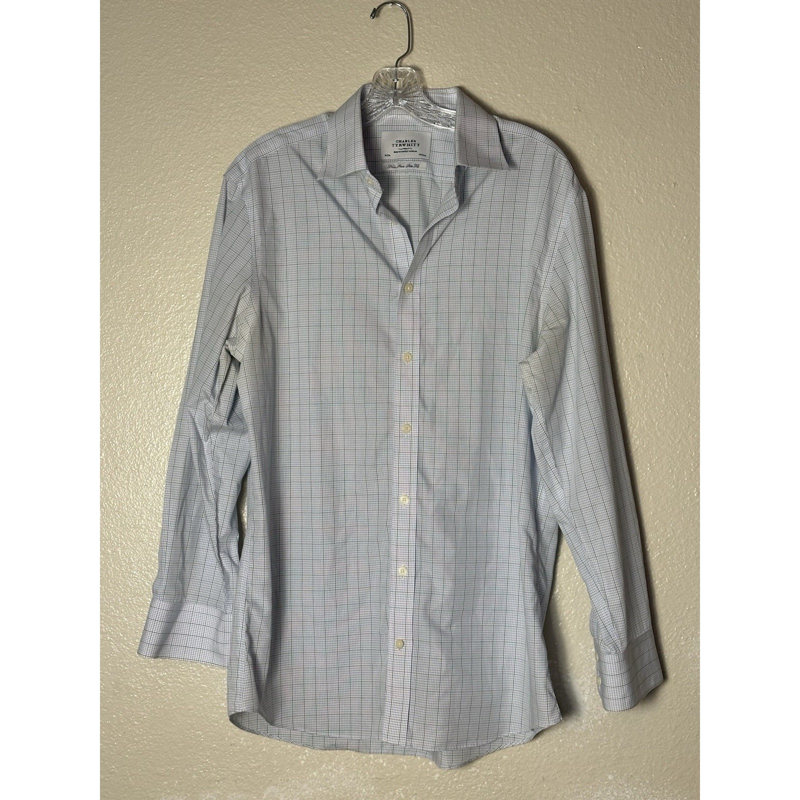 Charles Tyrwhitt 16 33 Non-Iron Slim Fit Shirt Green Blue Pattern 100% Cotton